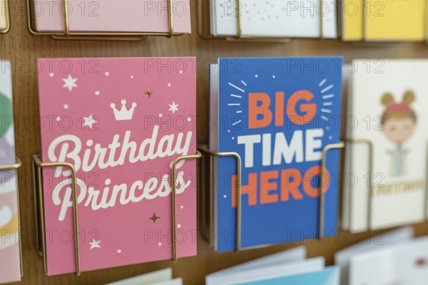 Rack with stereotypical pink and blue birthday greeting cards for children on a rack. Societal expectations taught from a young age. Generative ai, AI generated