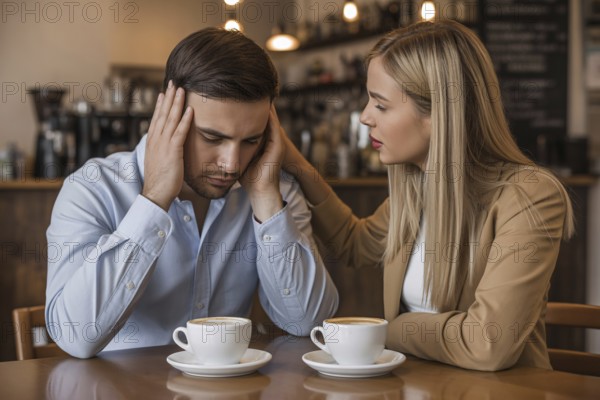 Female friend comforting male friend in café. Concept of mankeeping and women's invisible emotional labor in friendships. Generative ai, AI generated