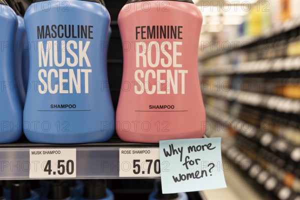 Pink tax concept with two gendered shampoo bottles priced differently. Blue masculine and pink feminine bottle with sticky note reading Why more for women?. Generative ai, AI generated