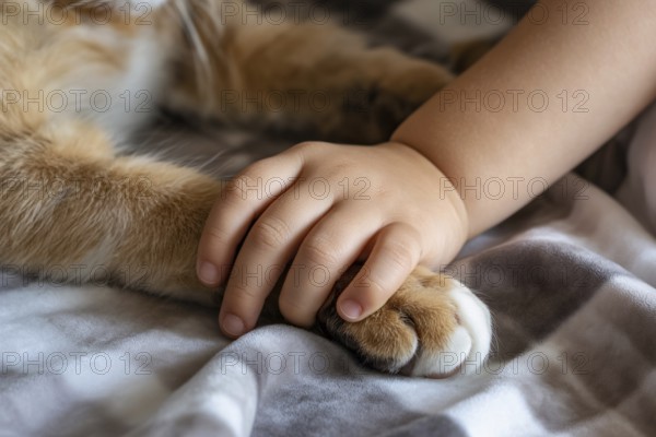 Close up of a young child grabbing a cat's paw showing tender interaction and early bond between child and pet. Generative ai, AI generated