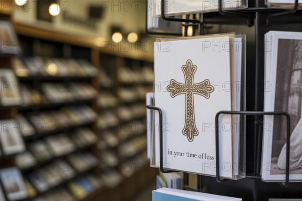 Condolence card with In your time of loss text and religious cross displayed in a card rack at a shop. Generative ai, AI generated