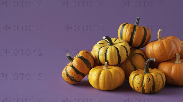 Close up of small orange pumpkins with stripes on purple banner with copy space. Generative ai, AI generated