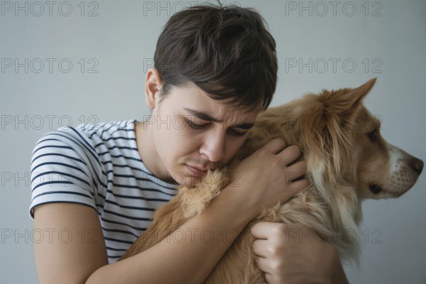 Young worried man hugging his pet dog. Shows emotional support and strong bond between human and pet during difficult times. Generative ai, AI generated