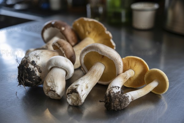 Different sized wild mushrooms spread on kitchen counter after collecting. Highlights natural foraging and fresh ingredients for cooking. Generative ai, AI generated