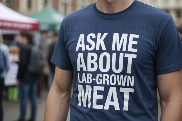 Close up of man wearing blue t-shirt with text ask me about lab grown meat at outdoor info booth. Highlights public engagement with science and sustainable food. Generative ai, AI generated