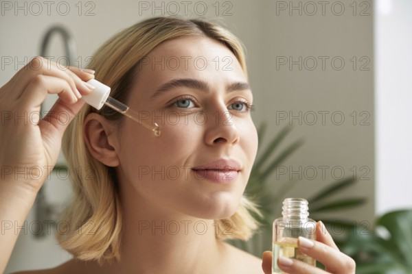 Close up of blond woman applying face serum with glass dropper. Highlights glowing skin and natural morning light in bathroom. Generative ia, AI generated