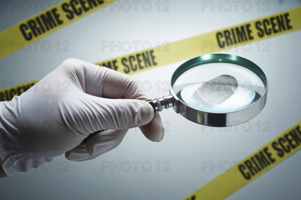 Gloved police officer's hand holding magnifying glass over clear fingerprint. Focus on forensic investigation and evidence analysis. Generative ai, AI generated