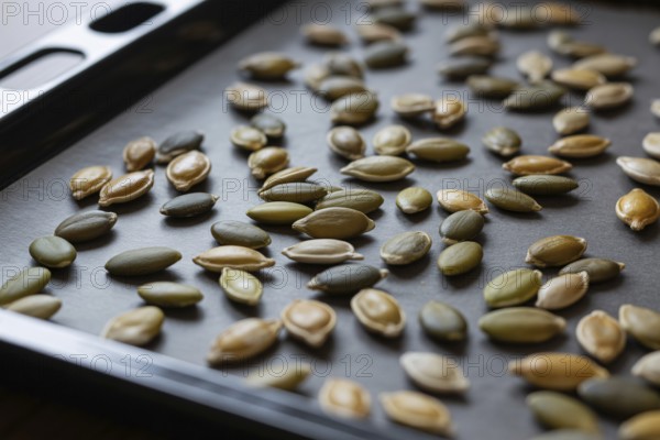 Close up of pumpkin seeds spread on baking tray. Ready for roasting as a healthy snack or cooking ingredien. Generative ai, AI generated