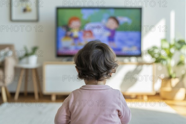 Back view of young child sitting in front of blurry TV screen showing cartoon. Captures screen time and early childhood media habits. Generative ai, AI generated