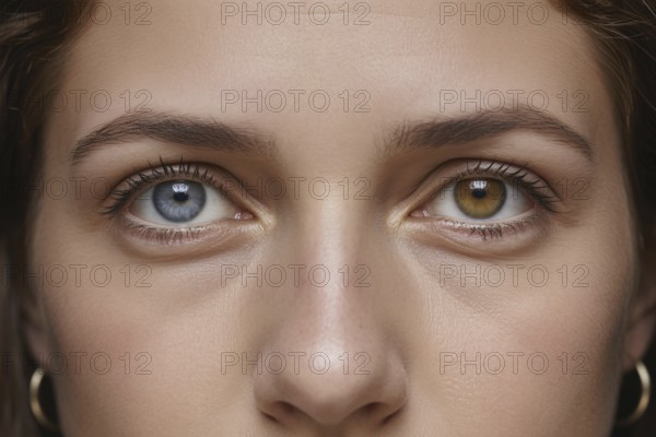 Woman's face showing heterochromia. One blue eye and one hazel eye. Generative ai, AI generated