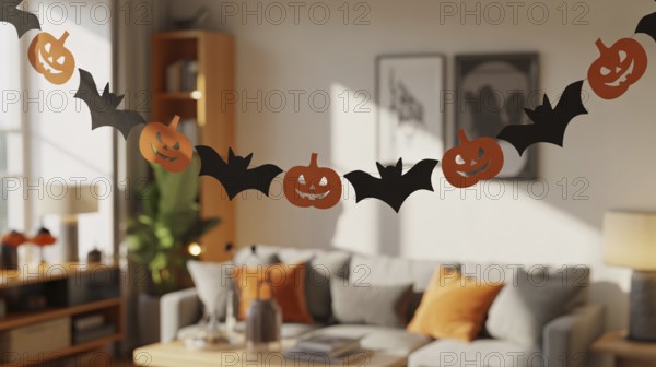 Banner with black and orange Halloween garland with bats and pumpkins hanging in cozy living room. Generative ai, AI generated