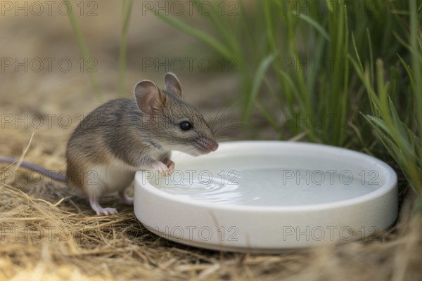 Close up of mouse drinking from white bowl of water in dry garden. Candid wildlife moment during summer heatwave. Generative ai, AI generated