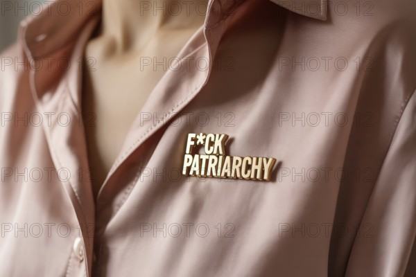 Gold pin reading FCK patriarchy on pink blouse. Bold feminist statement against gender inequality and systemic oppression. Generative ai, AI generated