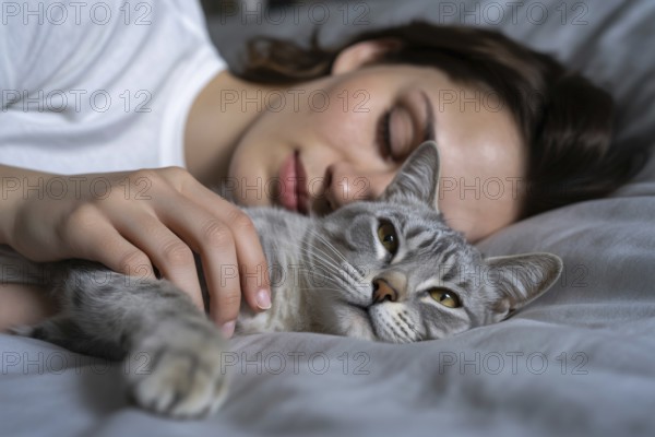 Cat lying in bed with sleeping woman, close-up of fur and gentle hand. Expresses deep pet-human bond, trust, and peaceful companionship. Generative ai, AI generated