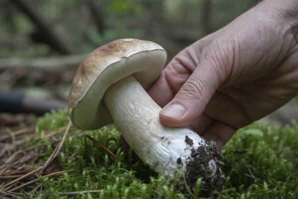 Close up of hand picking up brown edible mushroom in forest. Generative ai, AI generated