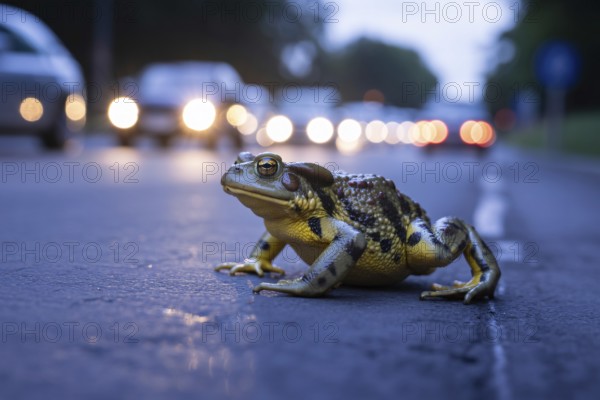 Close up of photorealistic toad crossing street at twilight. Captures wildlife navigating urban environment during dusk. Generative ai, AI generated