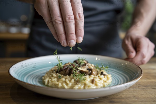 Close-up of hands sprinkling herbs over mushroom risotto. Generative ai, AI generated
