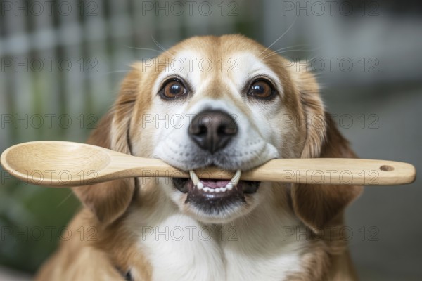 Cute dog holding a wooden cooking spoon in its mouth. Concept of preparing homemade dog food and cooking for pets. Generative ai, AI generated