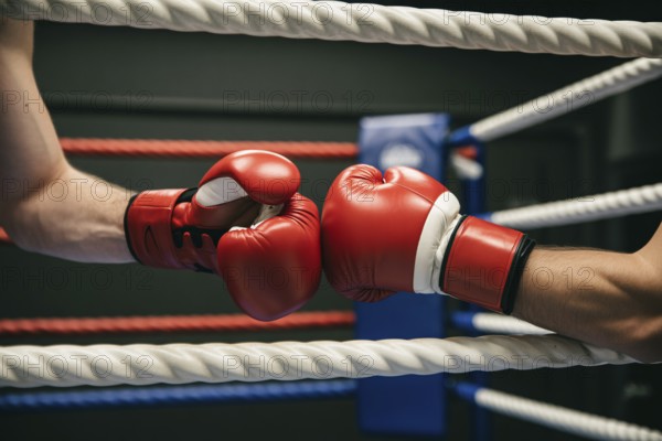 Close up of red boxer's gloved hands touching fists before a spar. Generative ai, AI generated