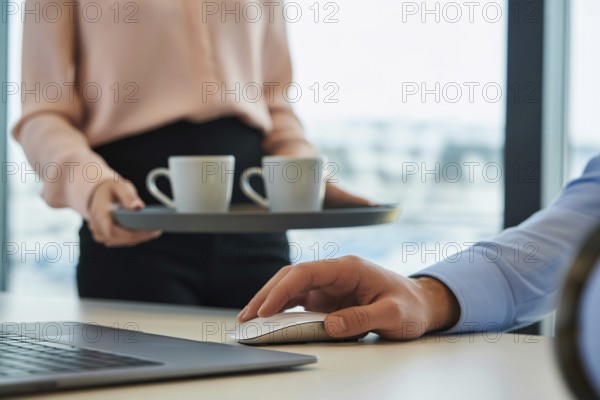 Woman's hand in pastel pink blouse holding a tray with white coffee mugs next to a man's hand on a large wireless mouse. Gender roles in the office. Generative ai, AI generated
