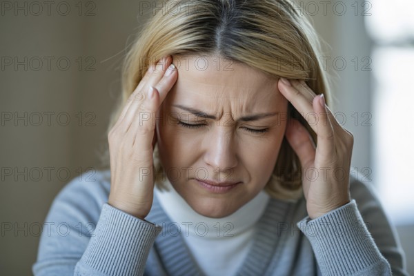 Close up of woman touching forehead in pain. Concept of headache or migraine discomfort. Generative AI, AI generated