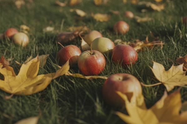 Apples on grass with fallen yellow autumn leaves. Generative AI, AI generated