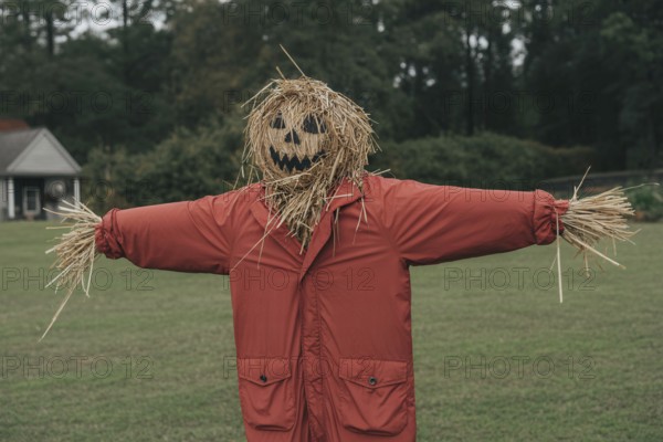 Scarecrow with spooky Halloween face wearing red jacket. Straw figure standing in field as autumn decoration. Generative ai, AI generated