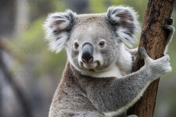 Close up of koala bear clinging to tree in natural habitat. Wildlife in peaceful forest environment. Generative ai, AI generated
