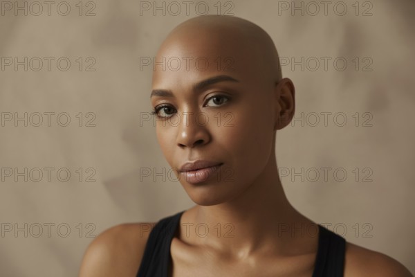 Confident young black bald woman with stylish makeup posing in studio. Beauty, self-acceptance, and individuality. Generative ai, AI generated