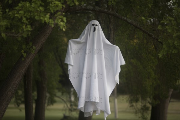 Spooky white sheet ghost Halloween decoration hanging from tree. Concept of spooky seasonal tradition. Generative ai, AI generated