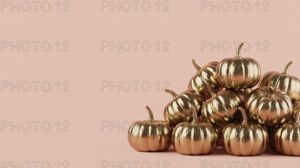 Metallic golden mini pumpkins arranged on pink background. Autumn harvest decoration banner with copy space. Generative ai, AI generated