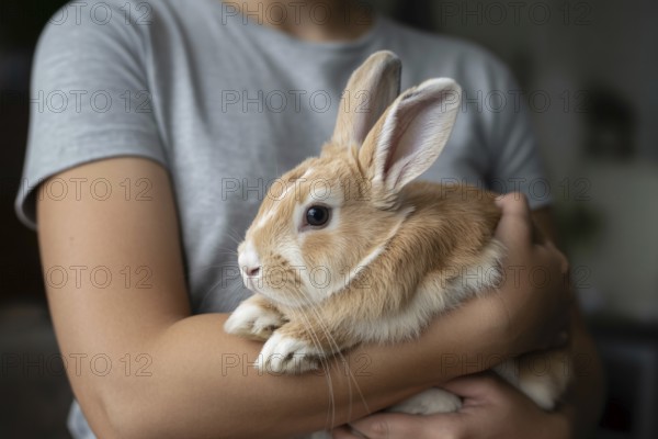 Person holding pet bunny in arms. Symbol of animal care and gentle companionship. Generative ai, AI generated