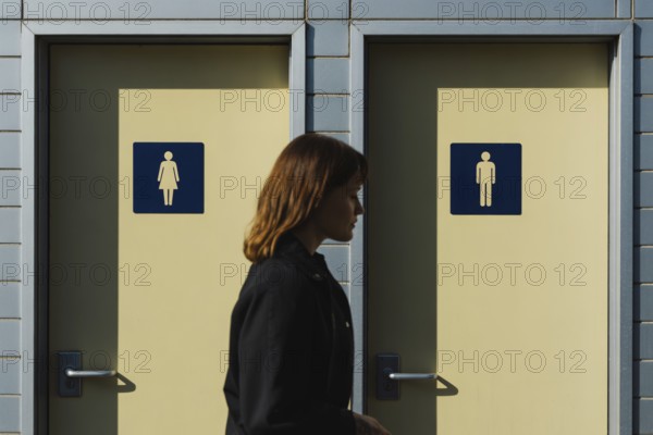 Transgender woman in front of men's and women's bathroom doors. Concept of public restroom access and trans rights debate. Generative ai, AI generated