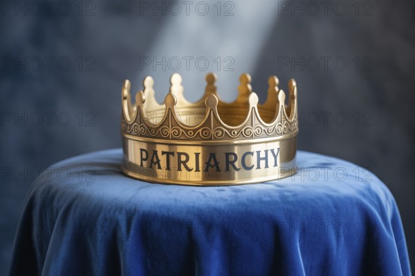 Golden crown with the word Patriarchy resting on blue fabric. Symbol of power and societal patriarchy. Generative Ai, AI generated