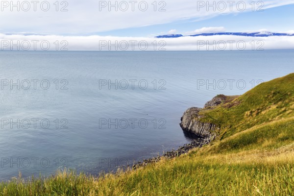 Coastline with basalt columns near Hofsos, Skagafjördur fjord, Tröllaskagi peninsula, North Iceland, Greenland Sea, Iceland