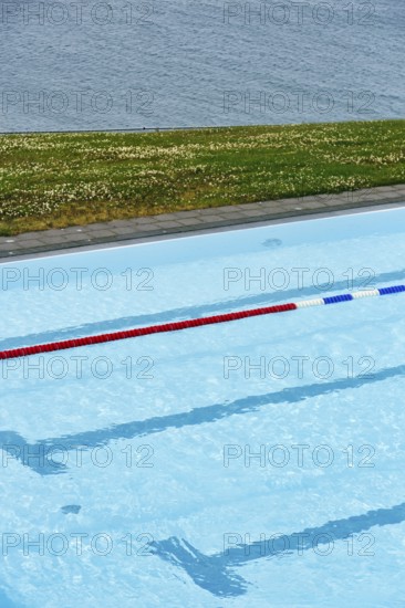View from above of swimming pool by the sea, lane divider, lane rope in outdoor pool, Hofsos, Tröllaskagi peninsula, Nordurland vestra, North Iceland, Iceland