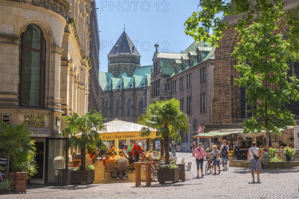 View along Unser Lieben Frauen churchyard, back of the town hall, UNESCO World Heritage Site, tower of St. Peter's Cathedral, Café Bar Celona, parasol, stall, flower pots with palm trees, Old Town, Hanseatic City of Bremen, Germany