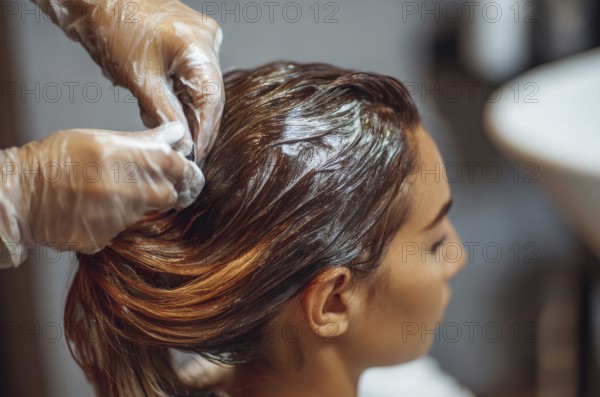 Beautiful Beautiful woman applying hair color to her hair in hairdressing salon, AI generated