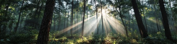 Beautiful rays of sunlight in a green forest shining through trees and tree branches. Concept of new beginning and spirituality, AI generated