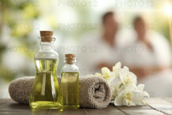 Beautiful spa composition with oil bottles and spa items and happy couple on background enjoying beauty and spa treatment, AI generated