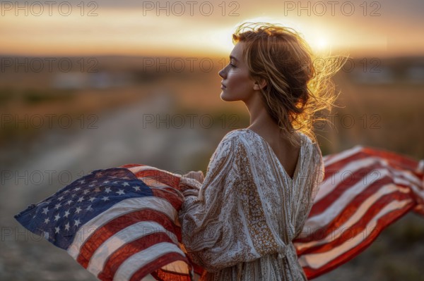 Beautiful attractive patriotic young woman with the American flag held in her standing in the summer sunset. Love for the country and american lifestyle, AI generated