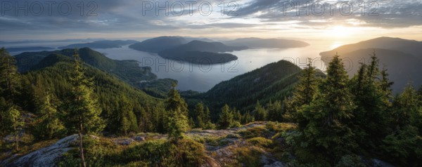 Beautiful Panoramic View of Canadian Nature Landscape from the top of the Mountain during a sunny summer sunset, AI generated