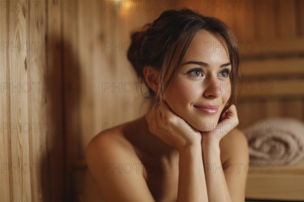Beautiful lady relaxing in hot steamy sauna. Concept of relaxation in beauty spa, AI generated