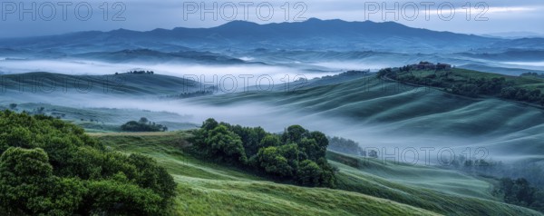Beautiful foggy landscape in Tuscany, Italy, AI generated