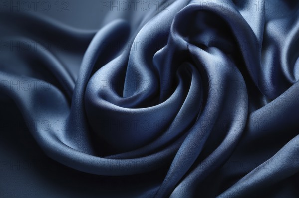 Beautiful dark blue silk satin background. Soft folds on shiny fabric. Luxury background with space for design. Web banner, AI generated