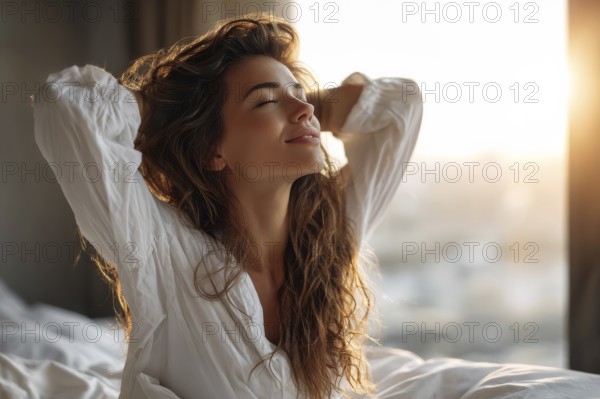 Beautiful Brunette is Waking up in the Morning, Stretches in the Bed, Sun Shines on Her From the Big Window, AI generated