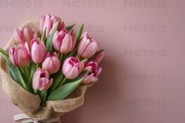 Beautiful composition spring flowers. Bouquet of pink tulips flowers on pastel pink background. Valentine's Day, Easter, Birthday, Happy Women's Day, Mother's day present, AI generated