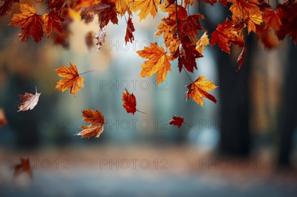 Beautiful autumn landscape with colorful foliage in the park, falling leaves natural background, AI generated