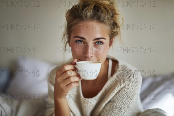 Beautiful young woman drinking tea or coffee while resting at home in comfort in cold weather, AI generated