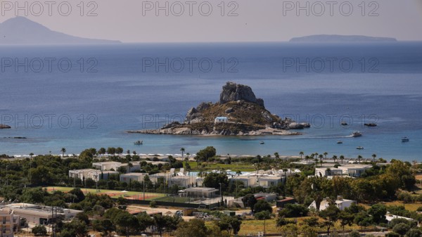 Panoramic view of an island in the sea and surrounding landscape with buildings, Agios Stefanos Beach, Agios Stefanos Basilica, Basilica, Kastri Island, Kos, Dodecanese, Greek Islands, Greece
